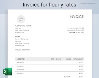 Invoice Template for freelancers or service providers, editable Excel template, hourly rate, printable invoice
