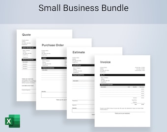 Small business bundle of editable printable templates. Invoice, estimate, purchase order, and quote templates. Simple design, easy to edit.