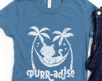 PURR-adise Cute Cat In Hammock Beach Paradise Pun T-Shirt Short-Sleeve Unisex Tee - Sizes X-Small to 4XL