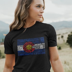 Colorado Fourteeners State Flag T-Shirt CO 14ers Mountain Climber Gift Rocky Mountains Short-Sleeve Unisex Tee Shirt - Sizes X-Small to 4XL