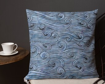 Water Waves Swirls Illustration Decorative Accent Throw Pillow Nautical Beach Theme | 18" x 18"