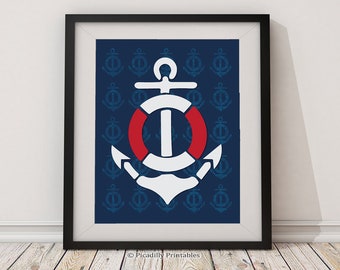 Anchor and Life Preserver Nautical Wall Art Nursery Print Beach Home Decor - 8 x 10" AND 16 x 20" Digital Printable - Bathroom Playroom