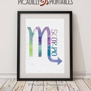 Escorpio Zodiac Símbolo Escorpión 5x7&quot; Astrology Arte Regalo De agua Signo Digital Impresión - Azul Púrpura Verde Acuarela - Descarga Instantánea