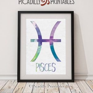 Pisces the Fish Zodiac Symbol  5x7&quot; Astrology Art Gift Water Sign Digital Print - Purple Blue Green Watercolor - Instant Download