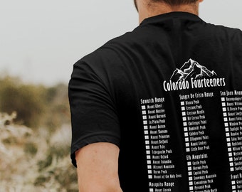 Colorado Fourteeners Checklist T-Shirt Rocky Mountains 14ers Climber Gift 2 Sided Tee Short Sleeve Unisex Sizes X-Small to 4XL White Design