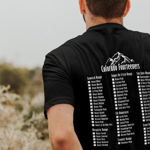 Colorado Fourteeners Checklist T-Shirt Rocky Mountains 14ers Climber Gift 2 Sided Tee Short Sleeve Unisex Sizes X-Small to 4XL White Design