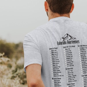 Colorado Fourteeners Checklist T-Shirt Rocky Mountains 14ers Climber Gift 2 Sided Tee Short Sleeve Unisex - Sizes X-Small to 4XL