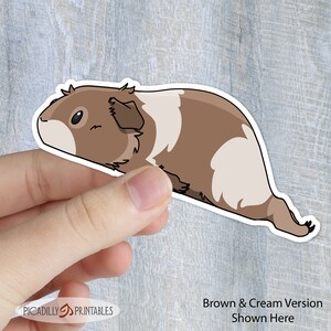 May include: Brown and cream colored guinea pig cartoon sticker. The guinea pig is lying on its side with its head turned to the left. The sticker is being held by a hand.