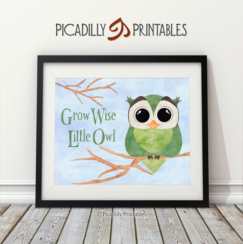 Grow Wise Little Owl Digital Art Print Watercolor Effects Illustration – 8 x 10" AND 16 x