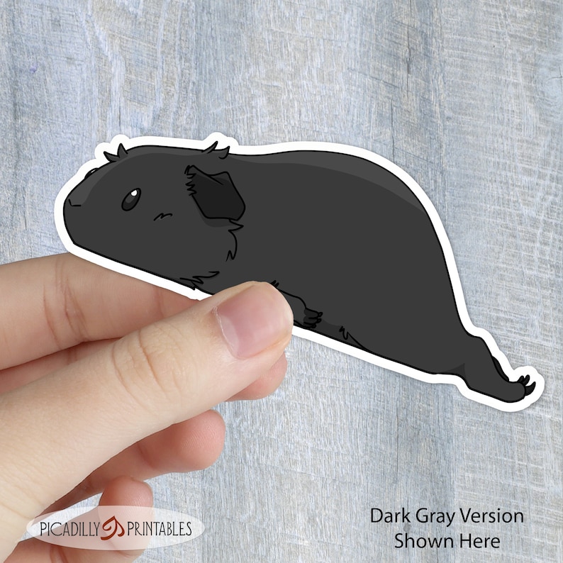 May include: A dark gray cartoon guinea pig sticker. The guinea pig is lying on its side with its head turned to the left. The sticker is being held by a hand.