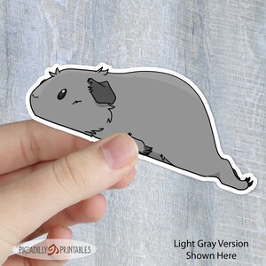 May include: A light gray cartoon guinea pig sticker with a white outline. The guinea pig is lying on its side with its head turned to the left. The guinea pig has a small black nose, black eyes, and a small black ear.
