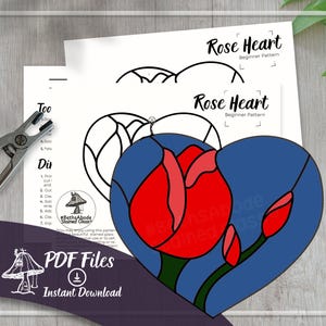 Padrão de vitral de rosa fácil + instruções para download digital em PDF. Padrão de vitral de rosa em formato de coração para presente. Nível iniciante ou superior. Sem IA.