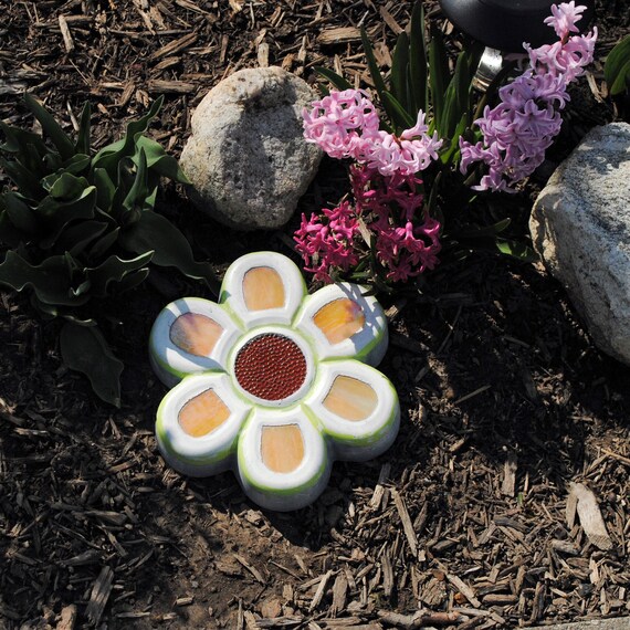 Flower Stepping Stone With Inlay Stained Glass Colorful Etsy