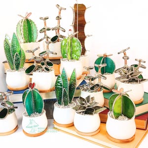 May include: A collection of handcrafted glass succulent and cactus sculptures in white ceramic pots. The glass plants feature green and clear glass with metal accents, displayed on books and wooden saucers. The overall aesthetic is a blend of art and nature.