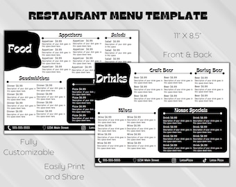 Restaurant Menu Template - Editable Menu Template - Front and Back - Food and Drinks - Printable Menu - 11" x 8.5"