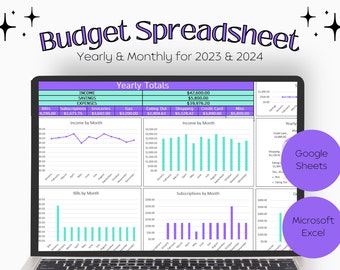 May include: A laptop screen displaying a budget spreadsheet with graphs and charts. The spreadsheet is titled "Budget Spreadsheet" and shows yearly and monthly totals for income, savings, and expenses. The spreadsheet is designed for use in 2023 and 2024. The spreadsheet is labeled "Google Sheets" and "Microsoft Excel".