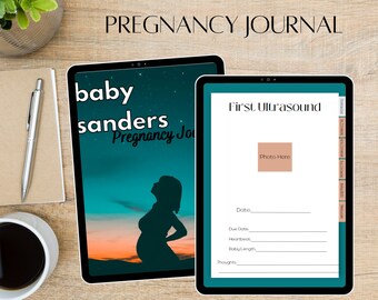Może przedstawiać: Cyfrowy planer w kolorze turkusowym i białym z tekstem "Pregnancy Journal" u góry. Lewa strona zawiera sylwetkę kobiety w ciąży na tle zachodzącego słońca z tekstem "baby sanders Pregnancy Journal". Prawa strona zawiera tytuł "First Ultrasound" z miejscem na zdjęcie i polami na datę, termin porodu, tętno, długość dziecka i myśli.