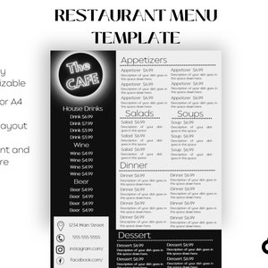 Plantilla de menú de restaurante - Plantilla de menú personalizable - Elegante y moderno - Menú imprimible - 8.5" x 11" o A4