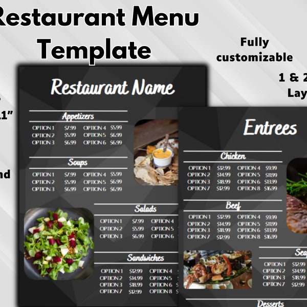 Restaurant Menu Template - Customizable Menu Template - Sleek & Modern - Printable Menu - 8.5" x 11" or A4
