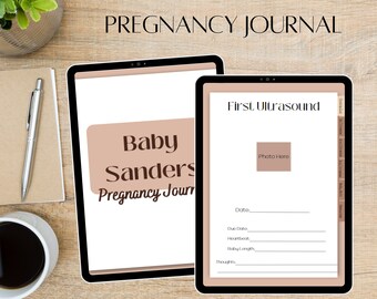 Może przedstawiać: Cyfrowy dziennik ciąży w brązowo-białym schemacie kolorystycznym. Okładka zawiera tekst "Baby Sanders Pregnancy Journal". Dziennik zawiera sekcję "Pierwsze USG" z miejscem na zdjęcie, datę, termin porodu, bicie serca, długość dziecka i przemyślenia.
