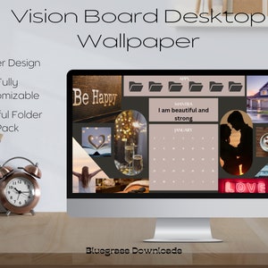 Può includere: Uno schermo di computer che mostra uno sfondo di desktop di vision board con un tema invernale. Lo sfondo presenta immagini di una casa, una coppia, una tazza di caffè, un'auto, un calendario e un'icona di cartella. Il testo "Be Happy", "I am beautiful and strong" e "LOVE" è anche visibile sullo sfondo.