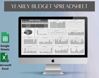 Könnte beinhalten: Ein Computerbildschirm zeigt eine schwarz-weiße jährliche Haushaltsbudget-Tabelle mit Diagrammen und Grafiken. Die Tabelle ist mit "Yearly Budget Spreadsheet" und "Yearly Totals" betitelt. Die Tabelle ist kompatibel mit Google Sheets und Microsoft Excel.