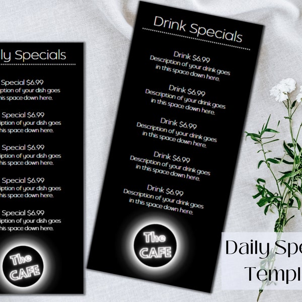 Modern Restaurant Drink Menu Template - Daily Specials Template -Editable  - Printable Menu - 4"x9"