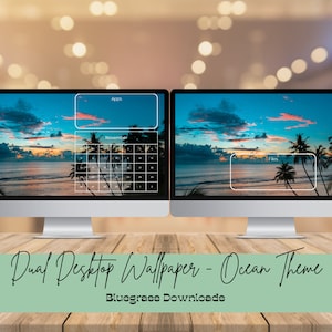 May include: Dual desktop wallpaper featuring an ocean sunset scene with palm trees. The left monitor displays a calendar for November and a space for apps. The right monitor has a space for notes.