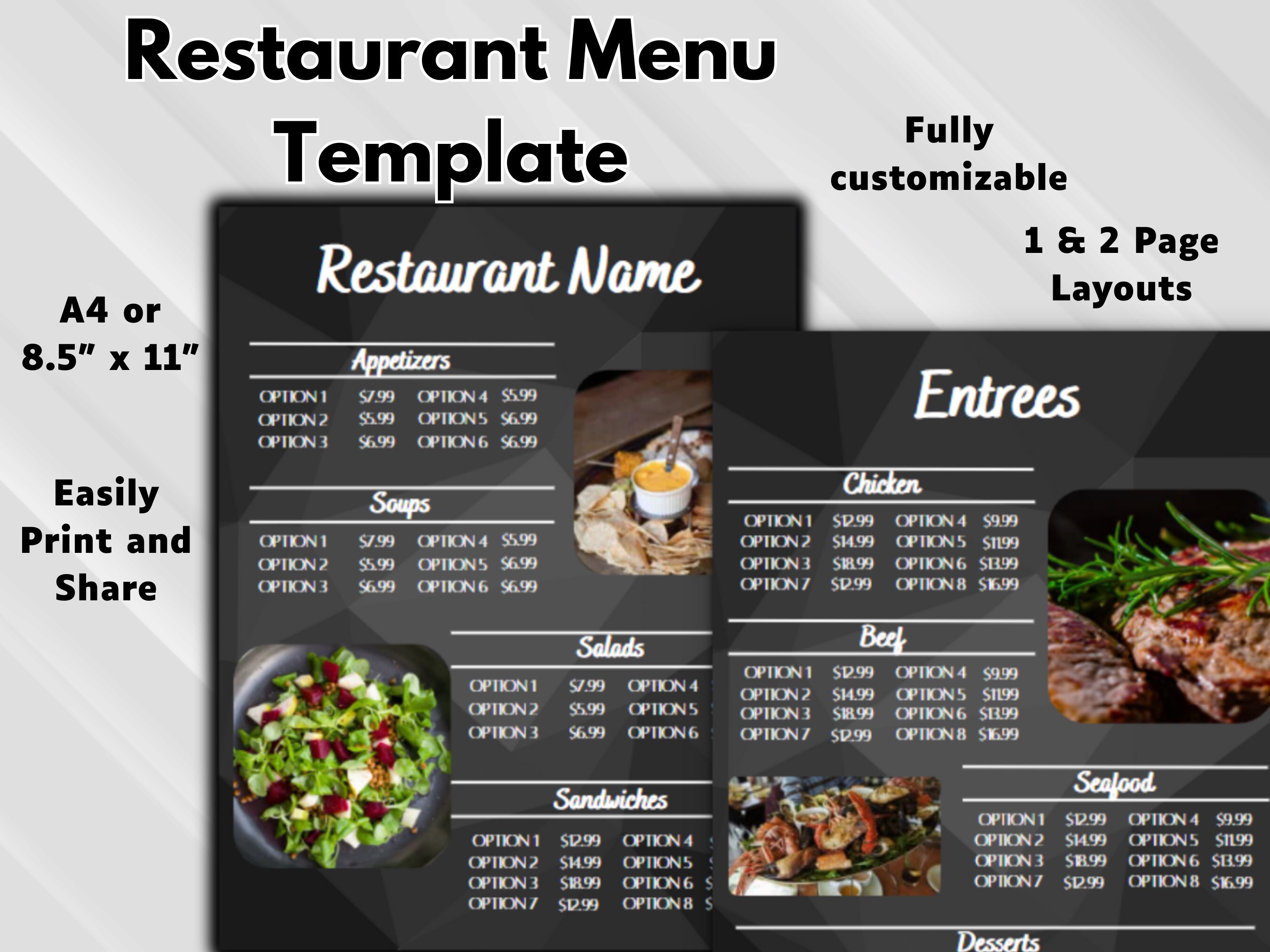 Restaurant Menu Template - Customizable Menu Template - Sleek