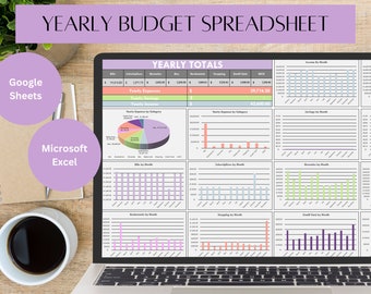 May include: A laptop computer screen displaying a yearly budget spreadsheet in Google Sheets or Microsoft Excel. The spreadsheet includes charts and graphs showing income, expenses, and savings by month. The title of the spreadsheet is "Yearly Budget Spreadsheet".