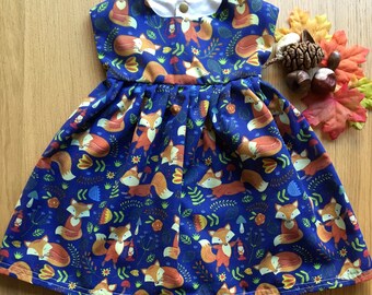 Sky Blue Foxes Dress | Foxes and Flowers Dress | Girls Fox Sky Blue Foxes Dress | Foxes and Flowers Dress | Girls Fox