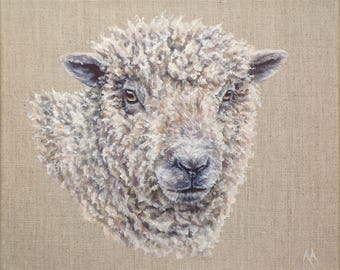 オリジナルの羊の絵画：大きなアクリル動物の肖像画 24x24インチ