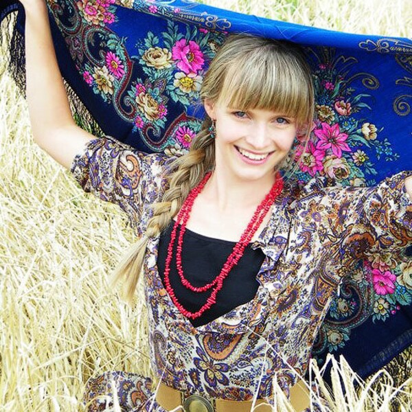 Rare Shawl Pavlovo Posad 49" 100% Wool Scarf Silk fringes 125cm Navy Blue Pink Yellow Russian