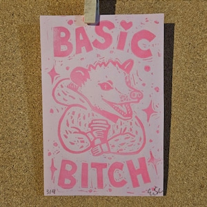 Impresión en bloque de perra básica / Impresión en bloque de linóleo / Impresión de zarigüeya limitada / Impresión de zarigüeya linda / Arte atrevido / Canadiense