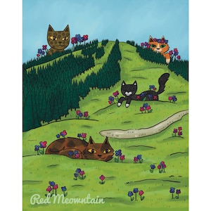May include: A whimsical illustration of a green mountain with a winding path and four cats. The cats are brown, orange, black, and brown and black. The mountain is covered in green grass and purple flowers. The text "Red Meowntain" is at the bottom of the image.