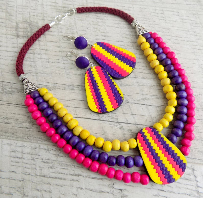 Ethnical necklace statement Ethnic jewelry set Multicolor layered necklace UUnusual African necklace Drop earrings Bright necklace
