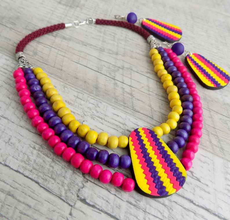 Ethnical necklace statement Ethnic jewelry set Multicolor layered necklace UUnusual African necklace Drop earrings Bright necklace