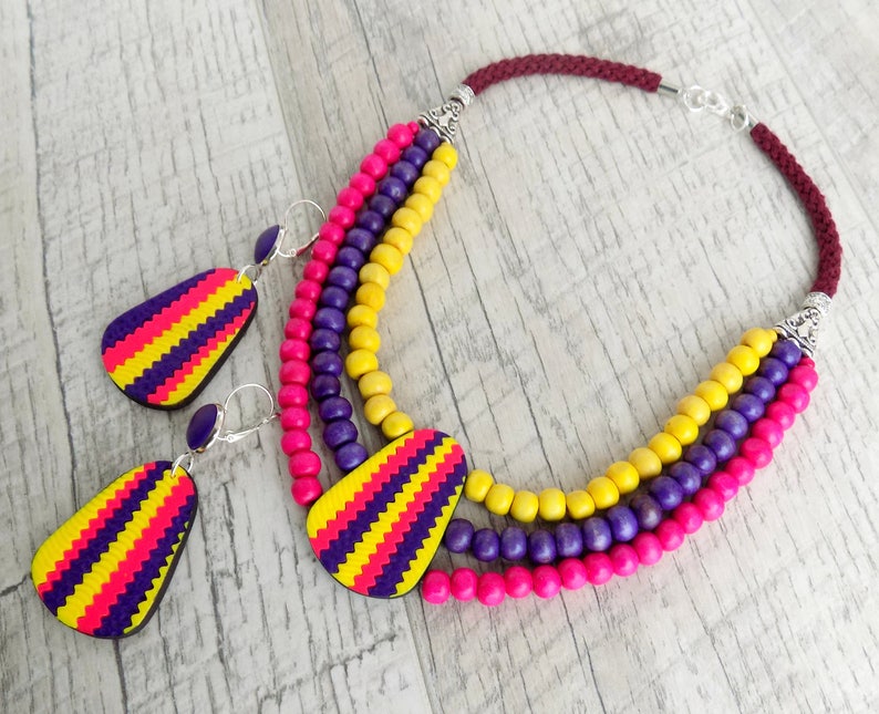 Ethnical necklace statement Ethnic jewelry set Multicolor layered necklace UUnusual African necklace Drop earrings Bright necklace