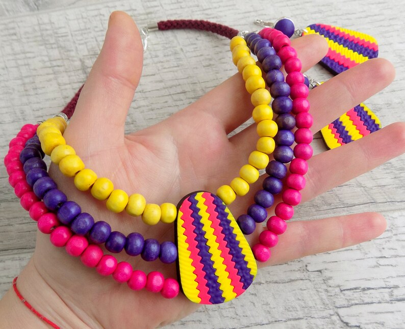 Ethnical necklace statement Ethnic jewelry set Multicolor layered necklace UUnusual African necklace Drop earrings Bright necklace