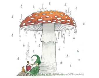 Lámina artística de gnomo hongo: ilustración de acuarela de cuento de hadas (5 x 5 pulgadas)