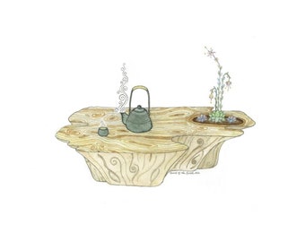 Tea ritual postcard | art print | zen tea ceremony watercolor illustration | cast iron teapot on wooden table