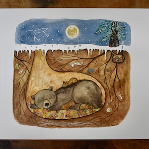 Mama Bear & Cubs asleep in den | hidden gnome home | constellation Ursa Major | cozy winter scene | hibernating animals | full moon