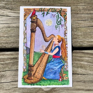 Impression d'art harpiste celtique | Joanna Newsom | une seule carte archétypale inspirée du tarot, « La muse » | 6 x 4 pouces