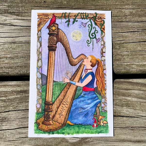 Impression d’art harpiste celtique | Joanna Newsom | une seule carte archétypale inspirée du Tarot, "La Muse" | 6x4 pouces
