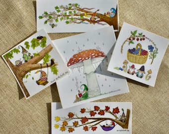 Gnomes sticker bundle! | 7 waterproof stickers | Mushroom gnome, Oak, Maple, Hawthorn, and Berry Basket gnomes, Samhain gnome, Cozy gnome