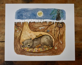 Mama Bear & Cubs asleep in den | hidden gnome home | constellation Ursa Major | cozy winter scene | hibernating animals | full moon