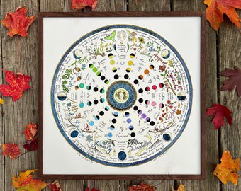 FRAMED fine art prints on textured, cotton, archival paper | Lunar Calendar | Wheel of the Year | Mushroom Foraging Calendar | 20x20 inches