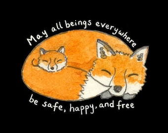 Que todos los seres en todas partes estén a salvo, felices y libres / Pegatina impermeable de mamá y bebé zorro / Oración budista con mantra de amor y bondad Metta