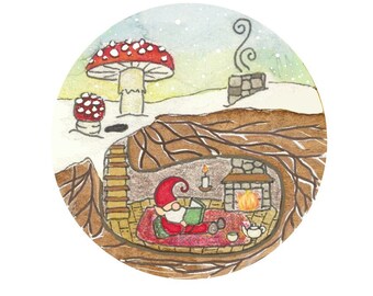 Gnome Home waterproof sticker | cozy winter fairy den under the mushrooms