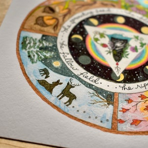 May include: A watercolor painting of a circular design with a triangle in the center. The triangle is surrounded by a rainbow and a series of moons. The circle is divided into six sections, each representing a different season. The seasons are depicted with various natural elements, such as trees, flowers, and animals. The text around the circle reads "...the fallow field...the ripening fruit..."